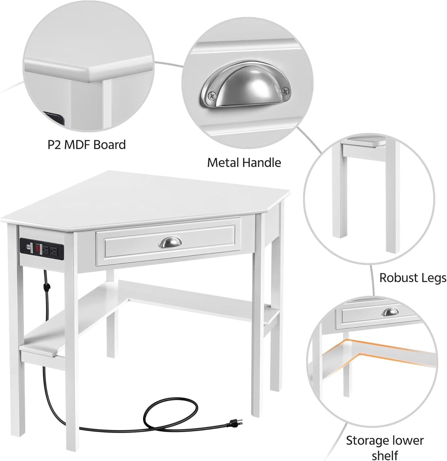 L Shaped Corner Computer Desk with Power Outlets, Reversible Triangle Workstation with USB Ports and Hook for Small Space, Modern Home Office Desk Gaming Table with Drawer & Shelf, White
