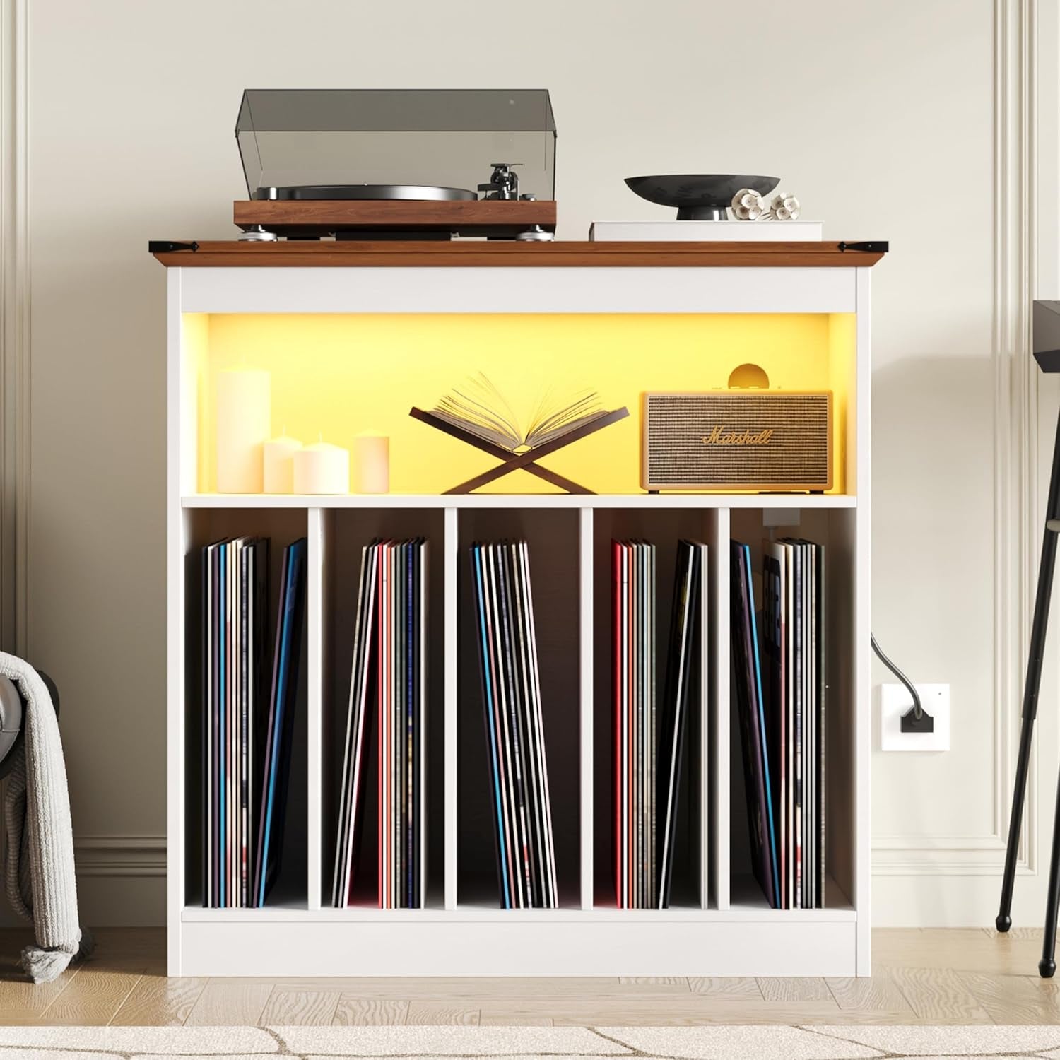 Farmhouse Large Record Player Stand with Power Outlets & LED Lights, Vinyl Record Stand Hold up to 150 Albums, Turntable Stand for Living Room, Bedroom, White