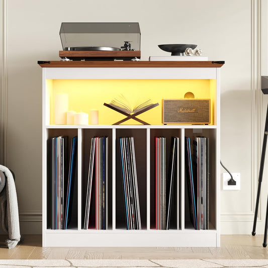Farmhouse Large Record Player Stand with Power Outlets & LED Lights, Vinyl Record Stand Hold up to 150 Albums, Turntable Stand for Living Room, Bedroom, White