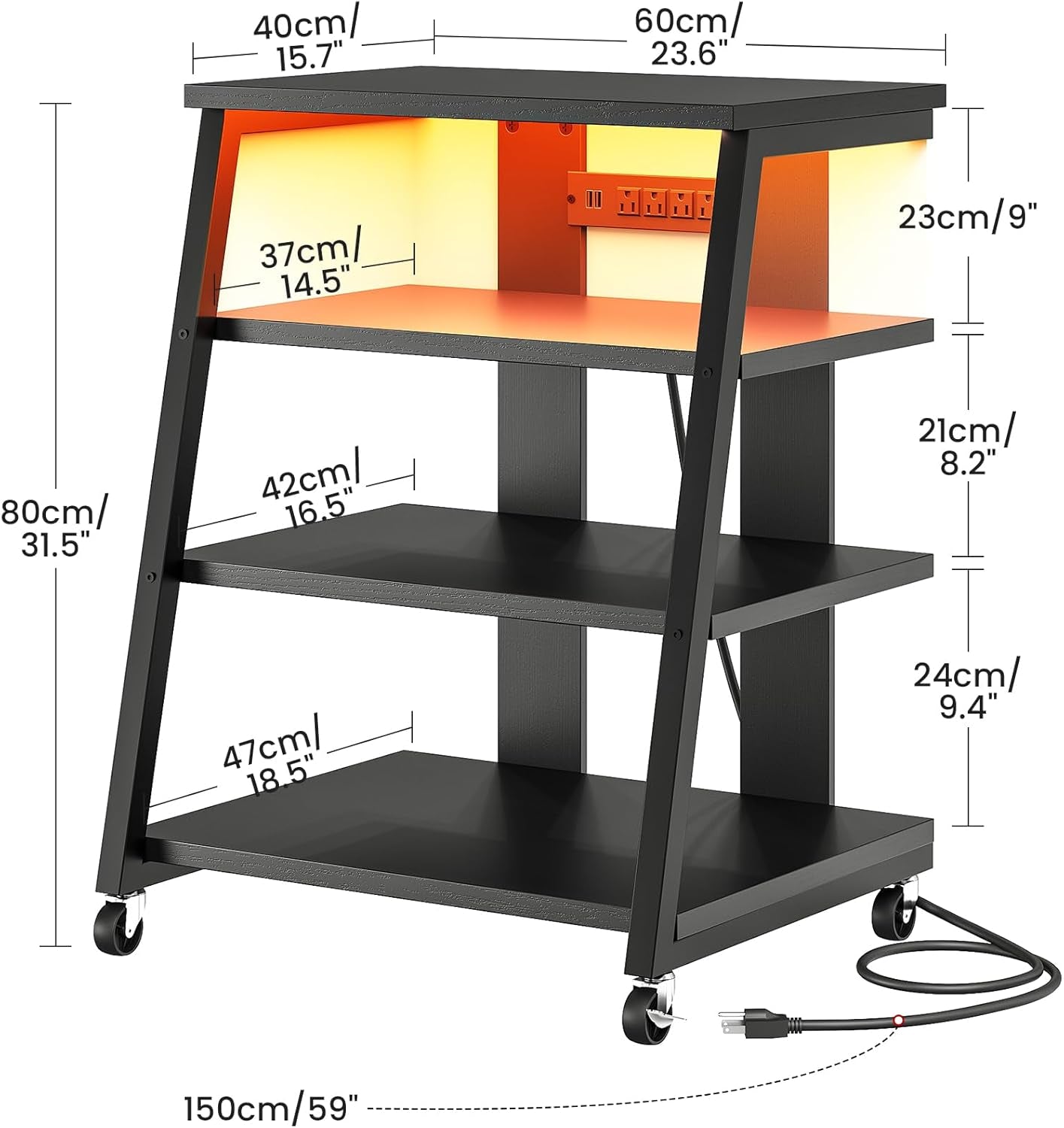4-Tier AV Media Stand with Wheels, Stereo Stands, Media Console Shelf with Power Strips, LED Lights, Wooden Audio Cabinet Rack Tower for Record Player/Apple Tv/Ps4, Black TCJ60UDBB