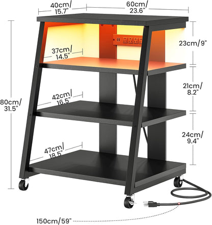 4-Tier AV Media Stand with Wheels, Stereo Stands, Media Console Shelf with Power Strips, LED Lights, Wooden Audio Cabinet Rack Tower for Record Player/Apple Tv/Ps4, Black TCJ60UDBB
