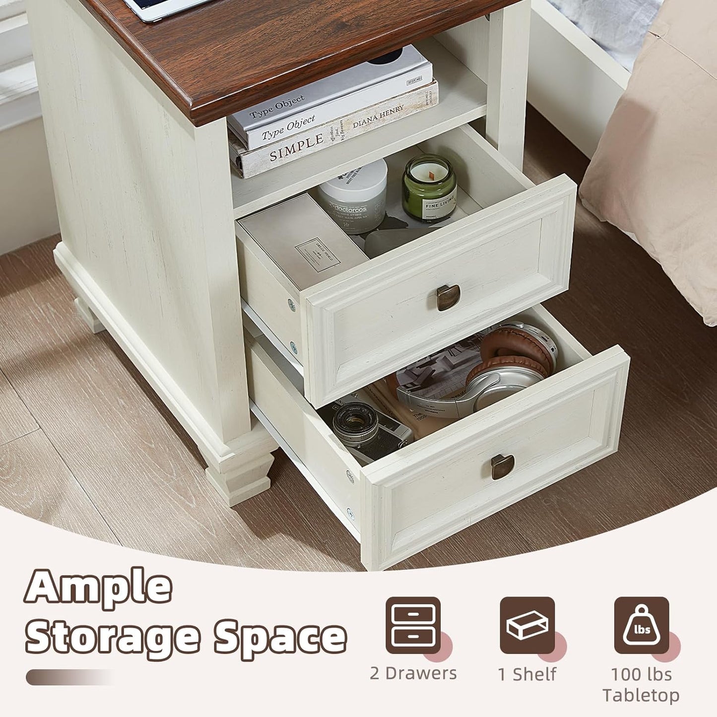 Farmhouse Nightstand Set of 2 with Charging Station, Rustic White Nightstand,2 Drawers End Table for Living Room,Bedside Table with Open Shelf for Bed Room,White