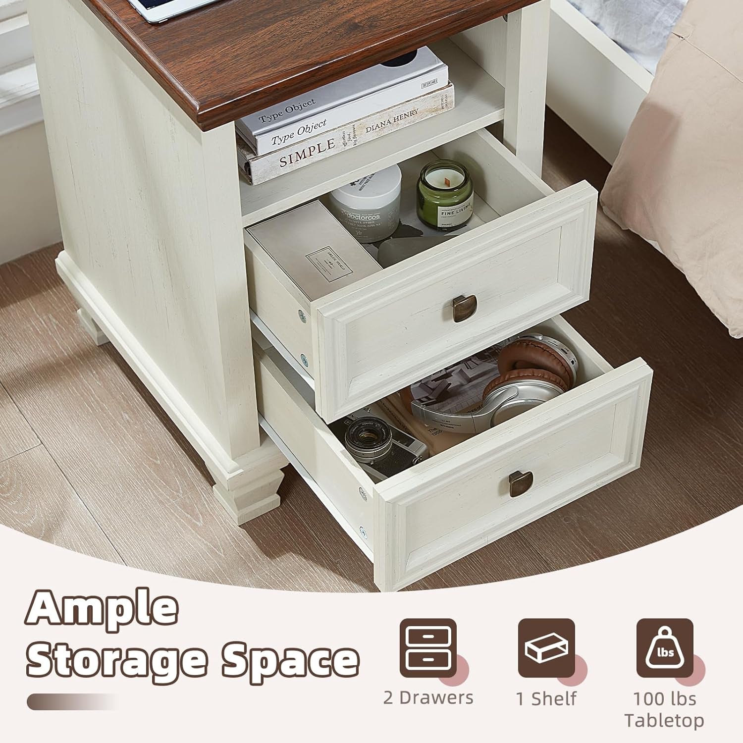 Farmhouse Nightstand Set of 2 with Charging Station, Rustic White Nightstand,2 Drawers End Table for Living Room,Bedside Table with Open Shelf for Bed Room,White