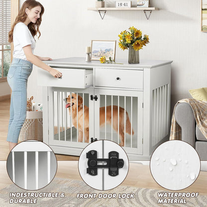 44Inch Dog Crate Furniture with Drawers,Wooden Dog Kennel Furniture for Large Breed,White End Table Wood Dog House for Indoor Use,For Small/Medium/Large Dog