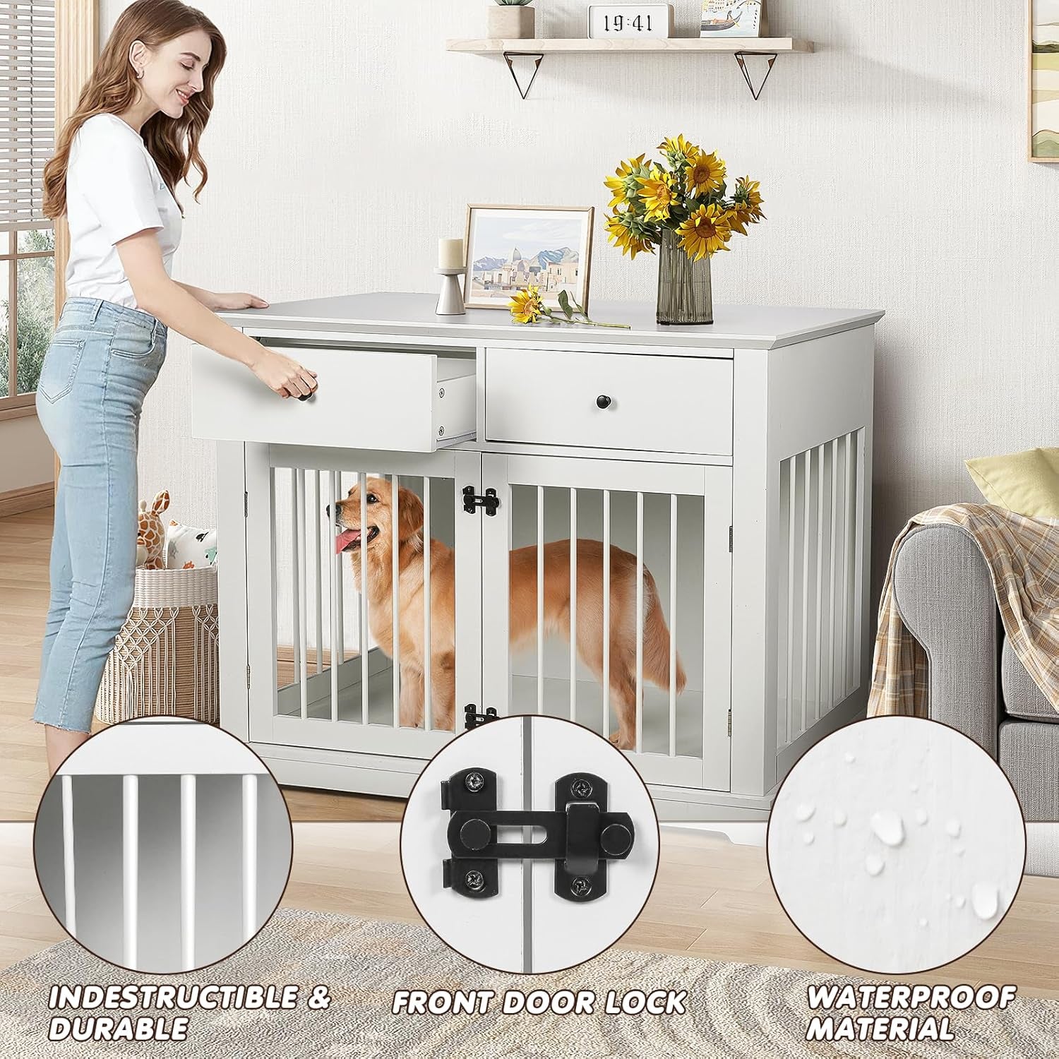 44Inch Dog Crate Furniture with Drawers,Wooden Dog Kennel Furniture for Large Breed,End Table Wood Dog House for Indoor Use, for Small/Medium/Large Dog (Brown)