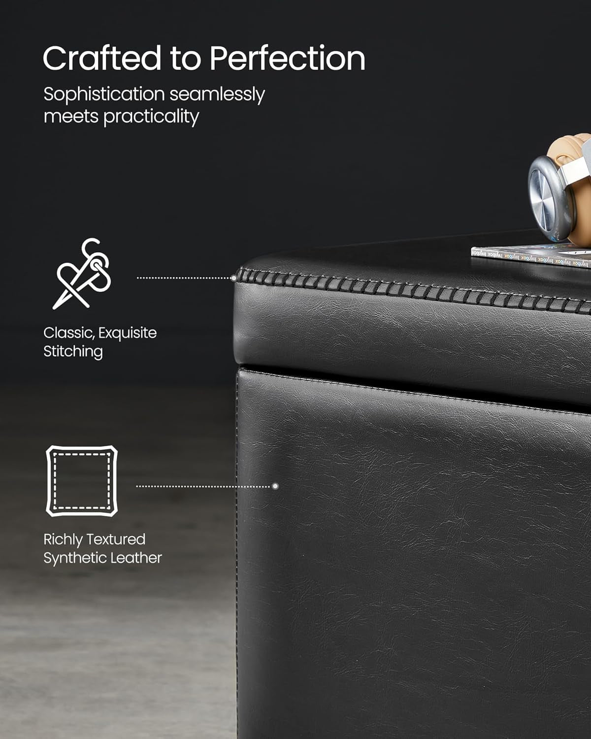 EKHO Collection - Storage Bench for Entryway, Ottoman Bench with Steel Frame, 43.3-Inch Wide, Synthetic Leather, Living Dining Room, Mid-Century Modern, Loads 660 Lb, Ink Black ULOM085B01