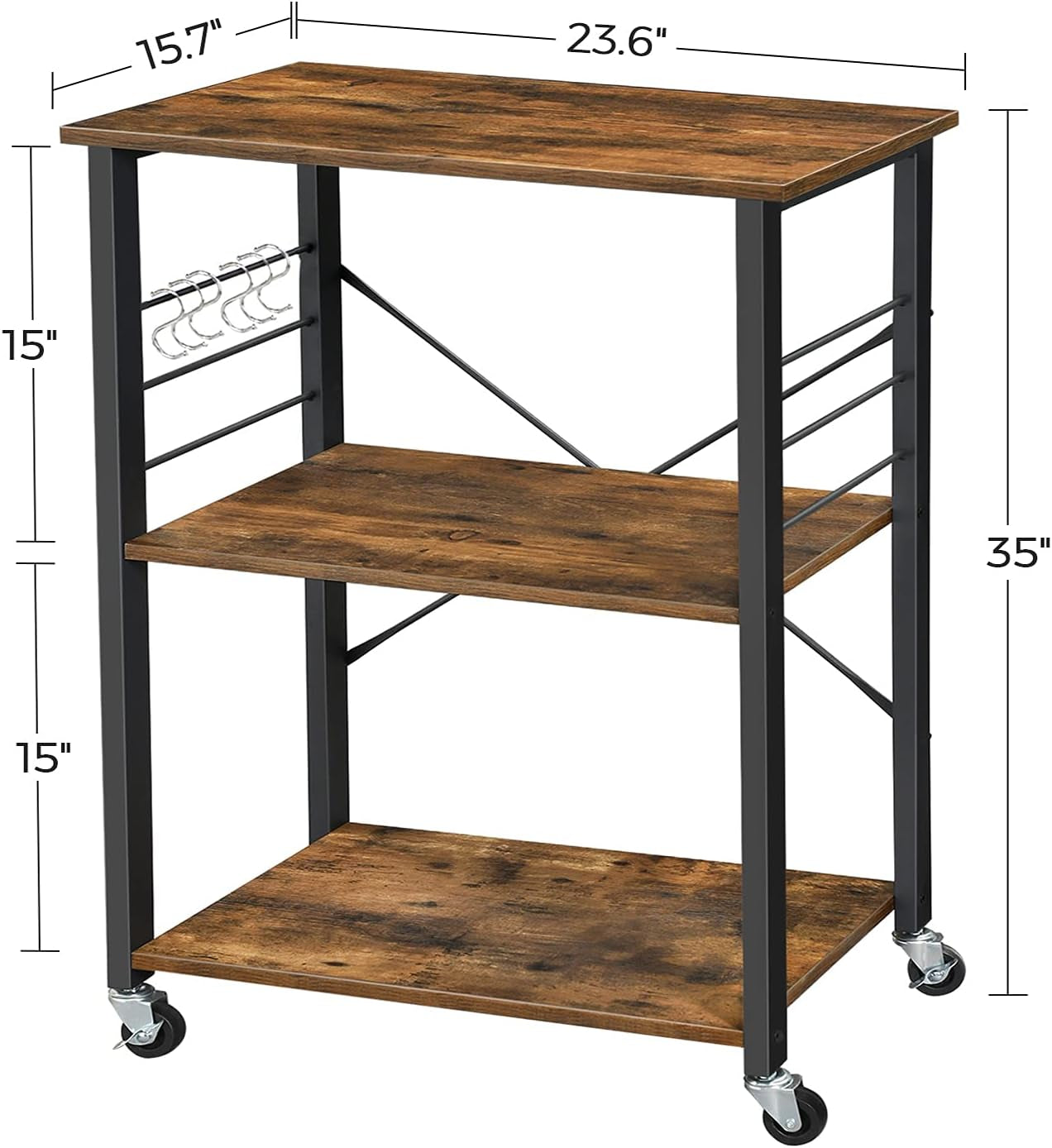 BRYCE Serving Cart, 3-Tier Kitchen Utility Cart on Wheels with Storage, for Living Room, Accent Furniture with Steel Frame, Industrial, Rustic Brown and Black ULRC78X