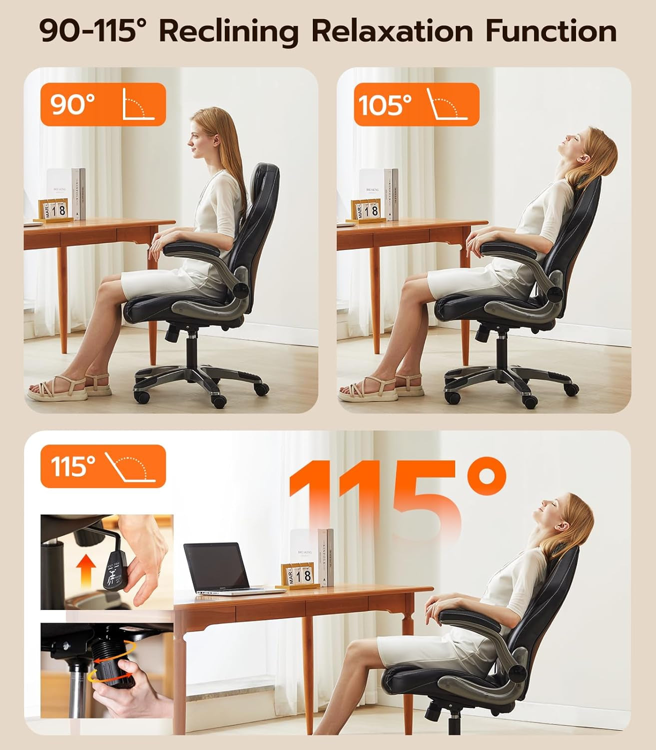 Office Desk , Ergonomic Computer  with Padded Flip-Up Arms and Adjustable Lumbar Support, PU Leather Executive  with Tilt Lock and 360° Swivel Rolling Wheels for Work, Study