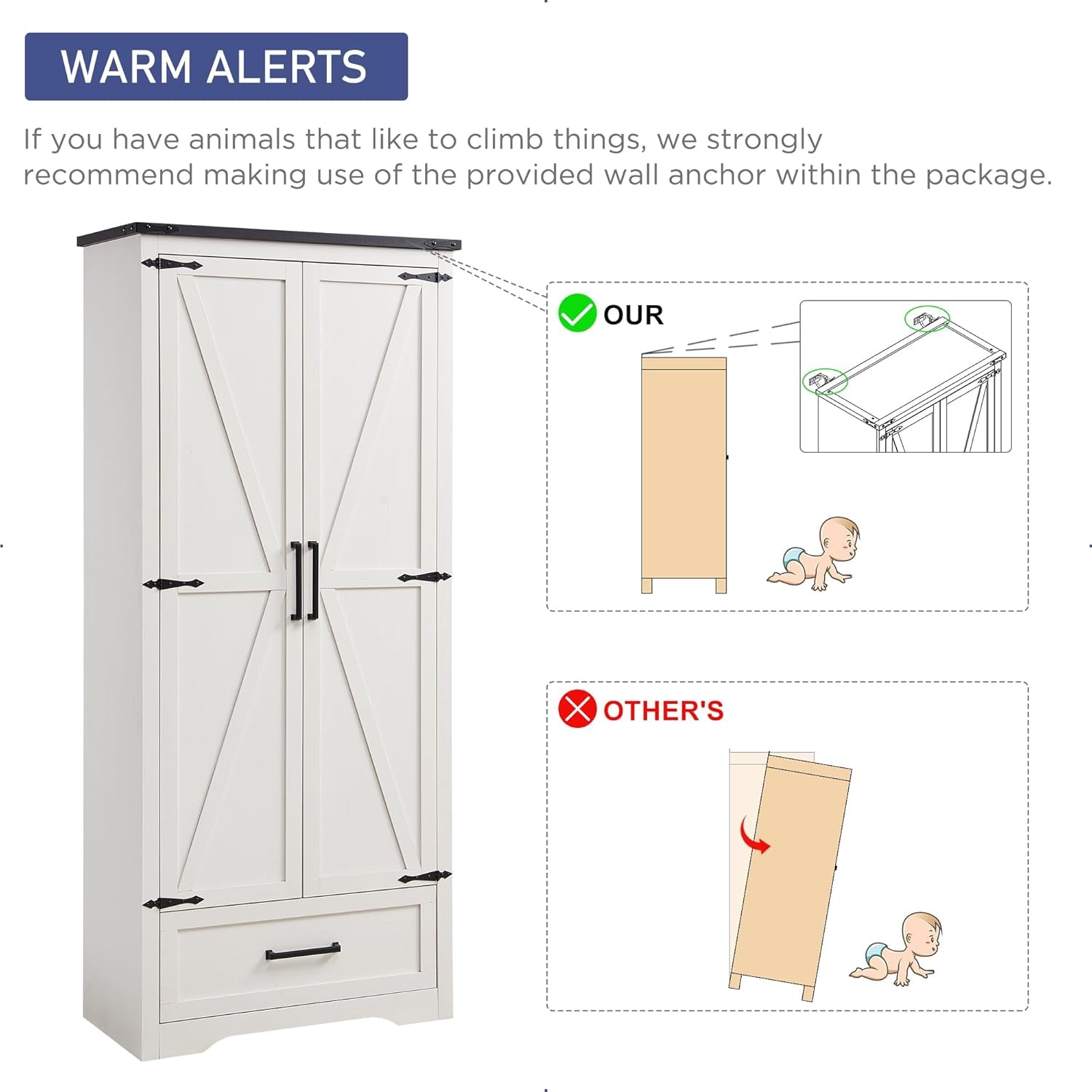 Farmhouse Kitchen Pantry Cabinet - 72" Tall Wood Kitchen Storage Cabinets with Adjustable Shelves & 2 Barn Style Doors & Drawer, Versatile Storage for Dining Room, Bathroom, Antique White