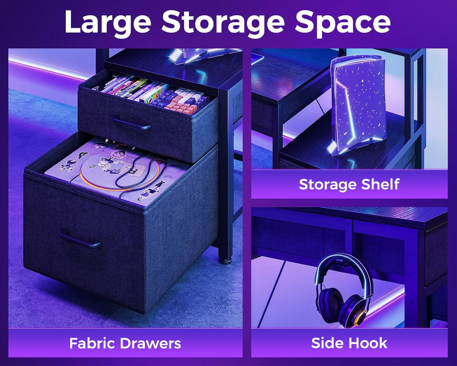 Computer Desk with 4 Drawers, 48 Inch Gaming Desk with Power Outlet, Office Desk with Monitor Shelf, Work Desk Table for Home Office, Black