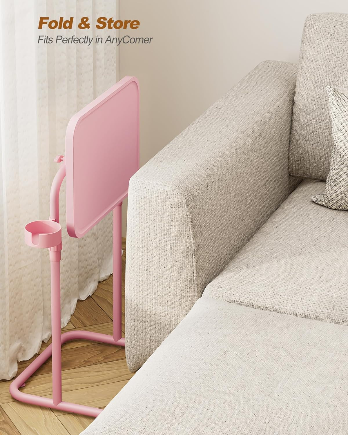 C Shaped End Table with Tiltable Surface, Adjustable Height Side Table, Slide under Couch Table TV Tray for Eating, Sofa Tray for Livingroom, Bedroom Pink TB01BP091