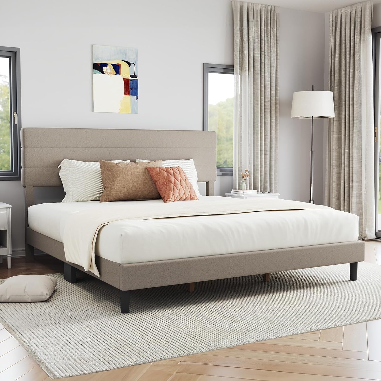 King Bed Frame and Headboard, King Bed Frame, Linen Upholstered Stripe Bed Frames, No Box Spring Needed, Heavy Duty Feet, Easy Assembly, Beige
