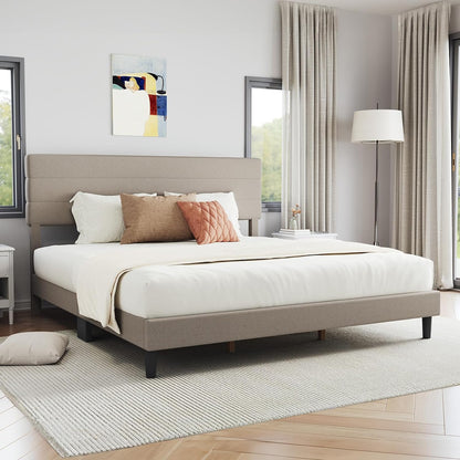 King Bed Frame and Headboard, King Bed Frame, Linen Upholstered Stripe Bed Frames, No Box Spring Needed, Heavy Duty Feet, Easy Assembly, Beige