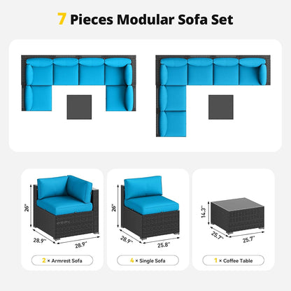 Patio Furniture Set, 7 Piece Outdoor Sectional Sofas with Waterproof Cover, Wicker Rattan Outdoor Furniture Patio Conversation Set for Backyard, Garden Peacock Blue