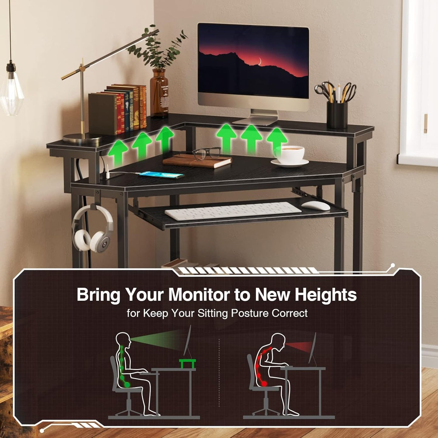 Corner Desk,44.5" W X 34.5" H Small Computer Desk with Power Outlets, Gaming Desk with LED Lights, Triangle Corner Table with Keyboard Tray & Monitor Stand for Small Space, Black