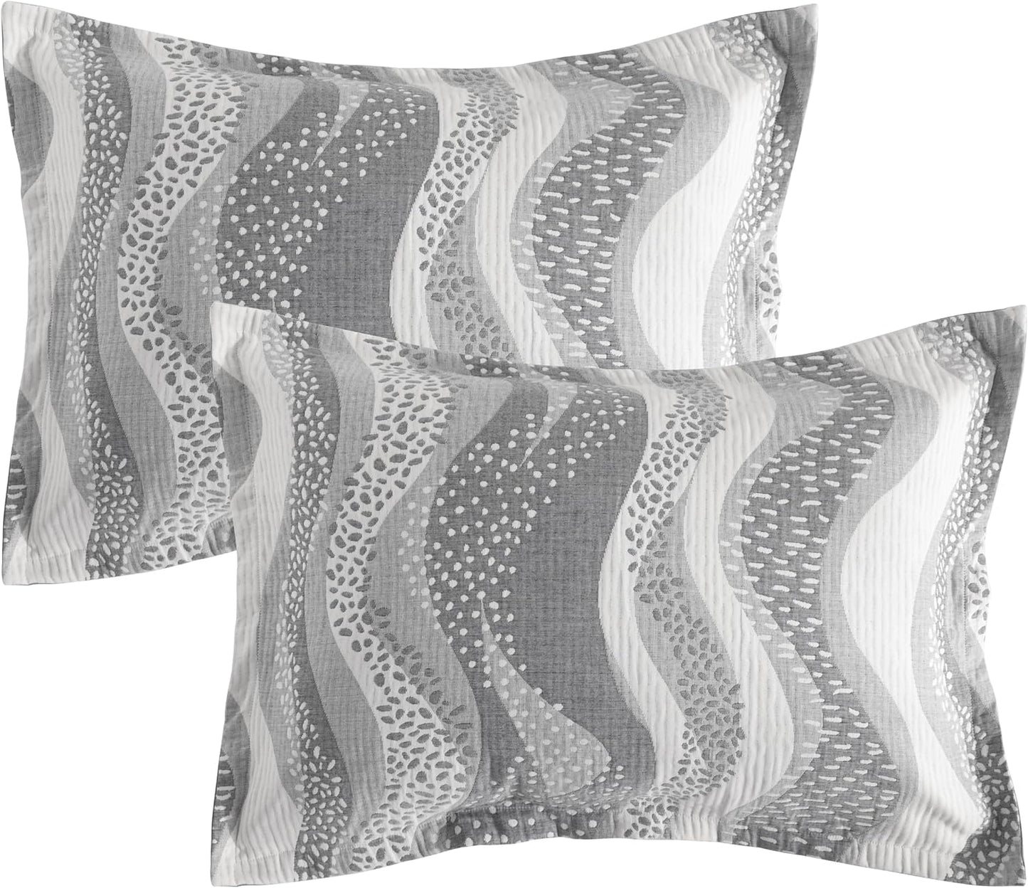 Cotton King Pillow Shams, 3 Layer Muslin Breathable Soft Thermal Yarn Dyed Sham Covers, 2 Pack 20X36 Oxford Pillowcases with Envelope Closure, Grey Wheat Waves