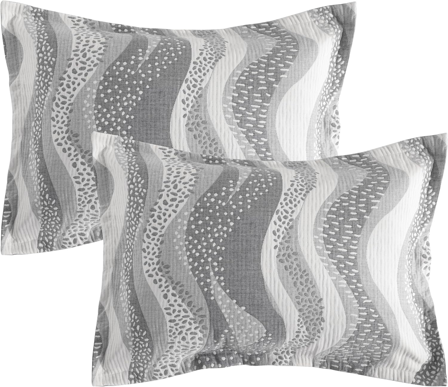 Cotton King Pillow Shams, 3 Layer Muslin Breathable Soft Thermal Yarn Dyed Sham Covers, 2 Pack 20X36 Oxford Pillowcases with Envelope Closure, Grey Wheat Waves