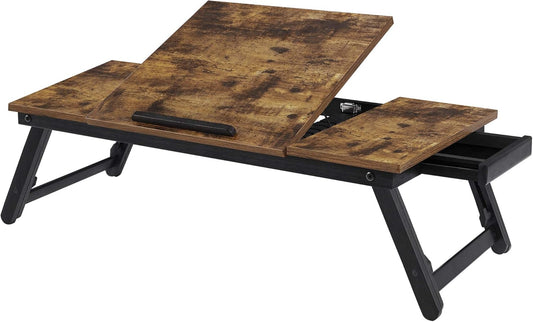 Laptop Desk, Bed Sofa Breakfast Tray, Adjustable Tilt Top, Right-Left Handed, Adjustable Folding Legs, Drawer, Rustic Dark Brown ULLD110B01