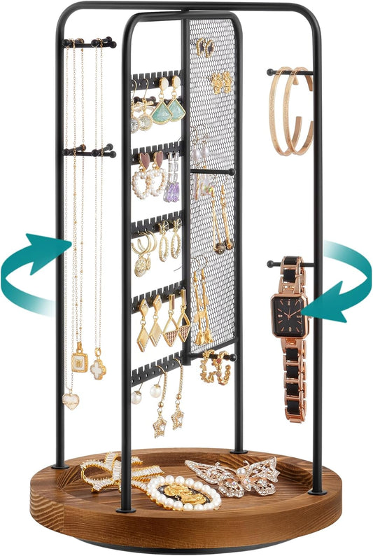 Jewelry Stand, Rotating Jewelry Display, 4 Independent Sections, Metal Frame, with Bottom Tray, Jewelry Organizer for Necklaces, Bracelets, Earrings, Rings, Gift Idea, Black UJJS023B01