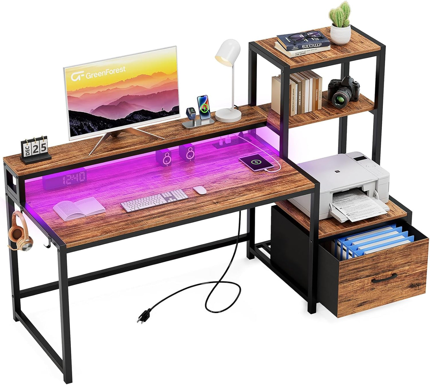 Office Desk with Power Outlets and Printer Shelf, 68.8 Inch Computer Desk with LED and Drawer, Reversible Gaming Desk with Storage for Home Study Working,Walnut
