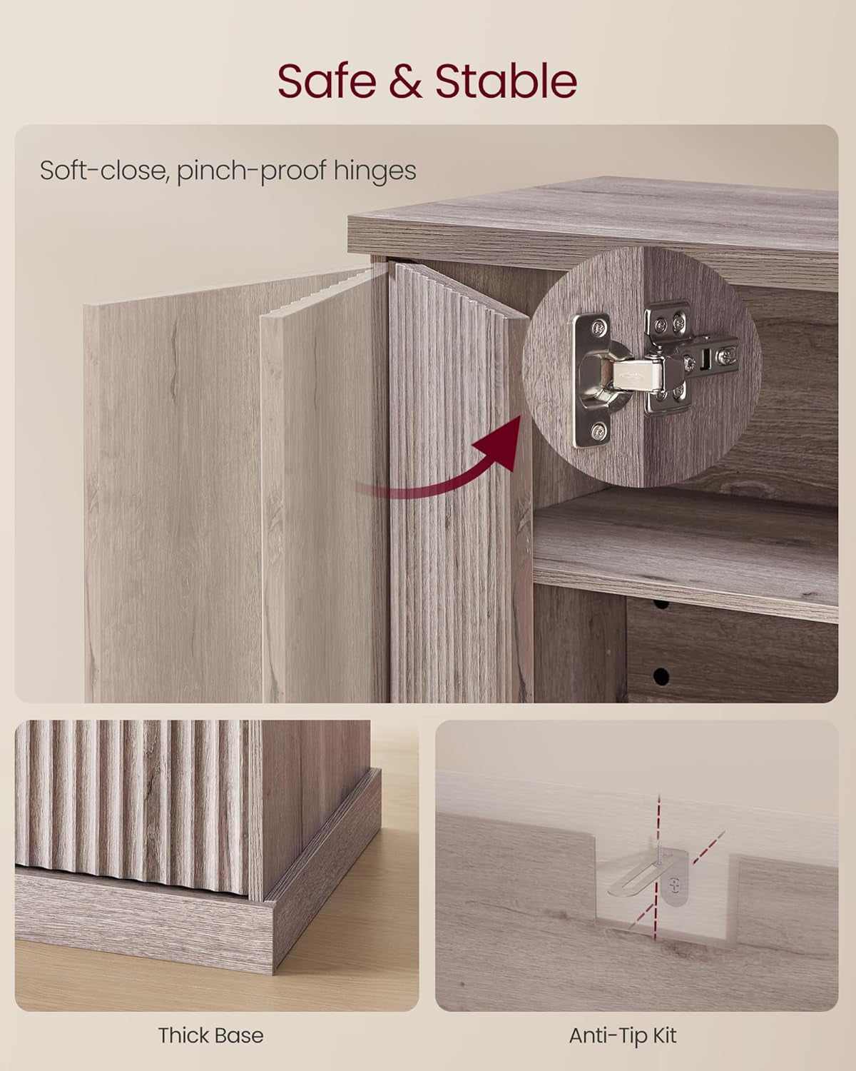 MAXE Collection - Transitional Buffet Cabinet, Console Cabinet, Sideboard with Adjustable Shelves, Fluted Doors, Buffet Table, Kitchen Pantry, Washed Gray UBBK382G01S