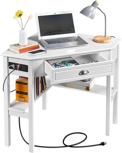 L Shaped Corner Computer Desk with Power Outlets, Reversible Triangle Workstation with USB Ports and Hook for Small Space, Modern Home Office Desk Gaming Table with Drawer & Shelf, White