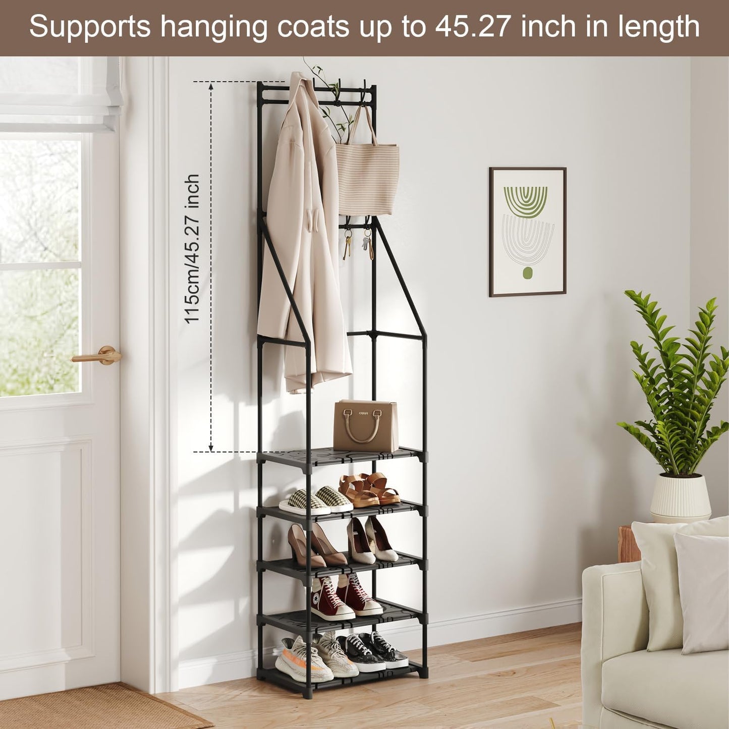 Coat Rack with Shoe Storage, Space-Saving Entryway Coat Shoe Rack, Easy Assembly Hall Tree, Multifunctional Storage Solution，Black
