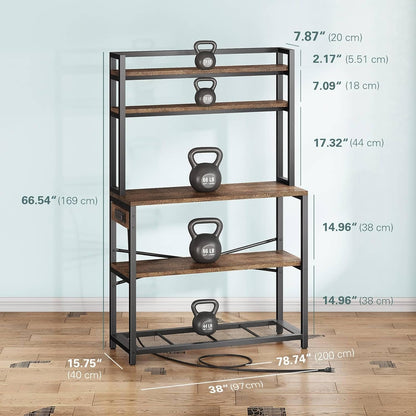 Large Bakers Rack with Power Outlets, 38 Inch Microwave Stand with Storage, 5-Tier Coffee Bar Stand, Industrial Kitchen Shelf Rack, Rustic Brown