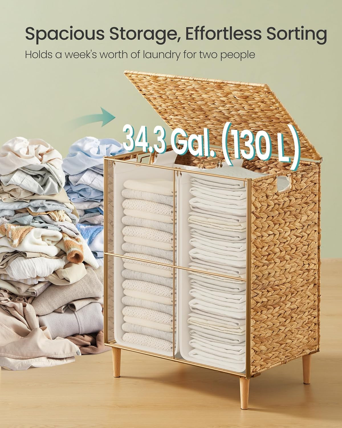 Laundry Hamper 2 Sections, 34.3 Gal. (130 L) Handwoven Water Hyacinth Wicker Laundry Basket with Lid, Natural Material, Removable Machine Washable Liners, Handles, Natural ULCB202Y01
