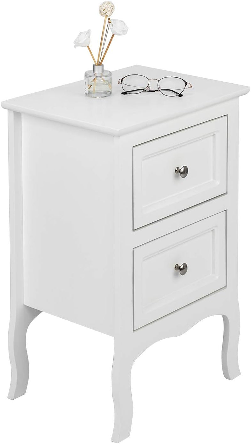 White Nightstand Set of 2, Nightstands with 2 Drawers, Bed Side Table/Night Stand, Small Nightstand for Bedroom, Small Spaces, College Dorm, Kids’ Room, Living Room, Wood, 16W X 12D X 24H