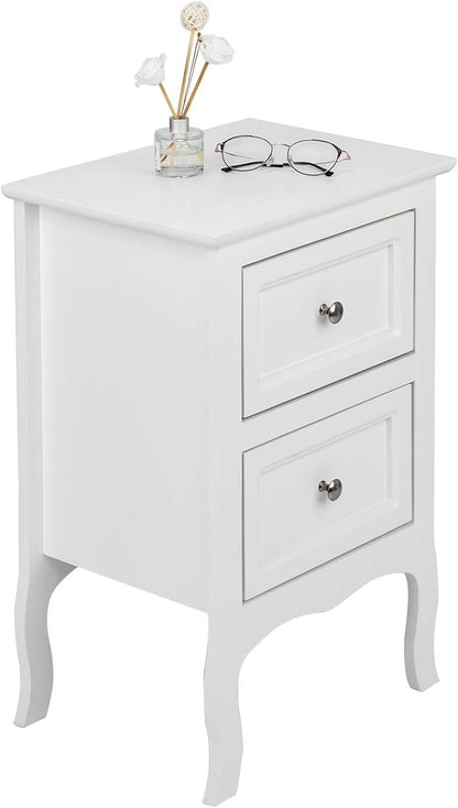 White Nightstand Set of 2, Nightstands with 2 Drawers, Bed Side Table/Night Stand, Small Nightstand for Bedroom, Small Spaces, College Dorm, Kids’ Room, Living Room, Wood, 16W X 12D X 24H