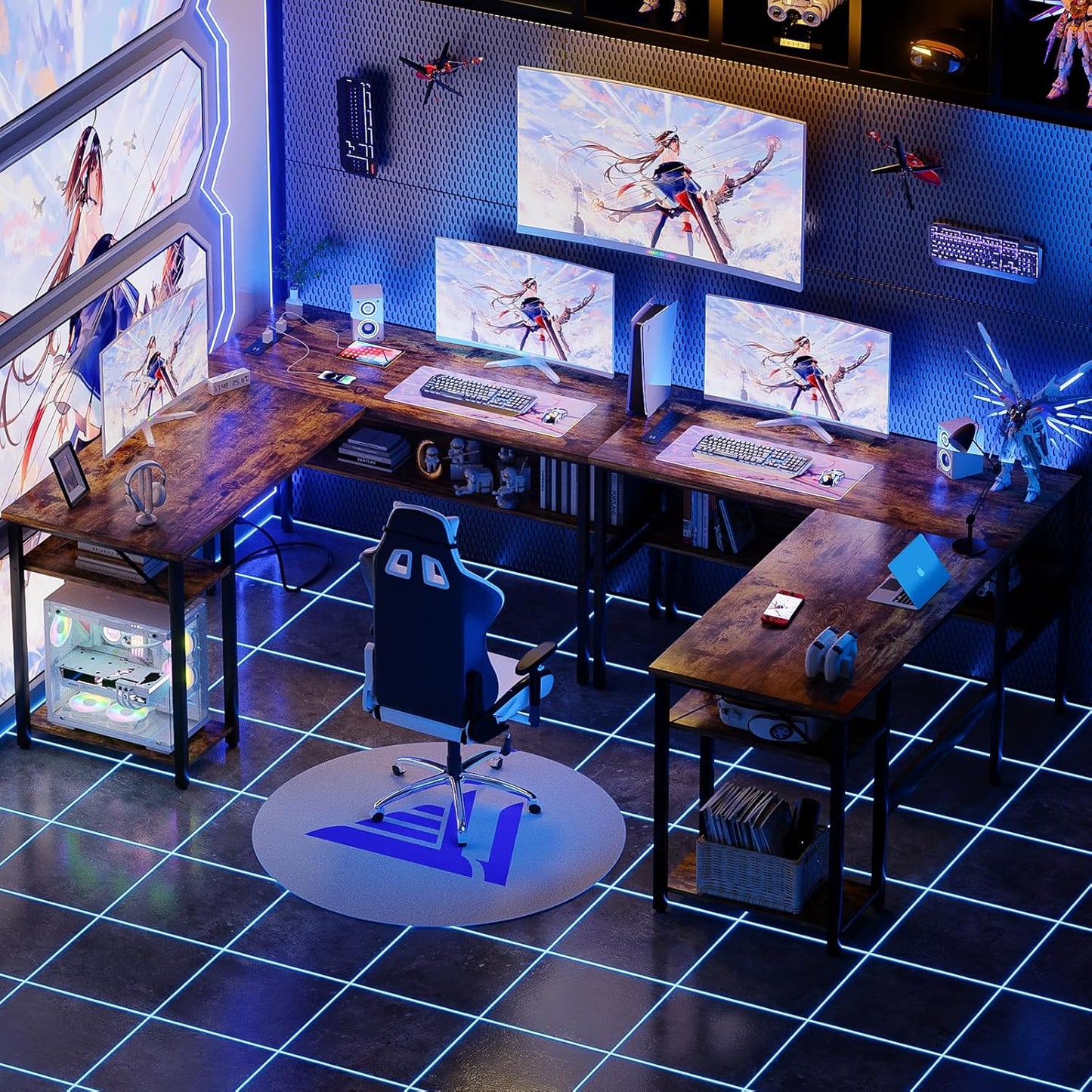 L Shaped Computer Desk with Magic Power Outlets and USB Charging Port, Sturdy Reversible Corner Desk with Storage Shelves, Modern Work Desk for Home Office, Easy to Assemble, Rustic Brown