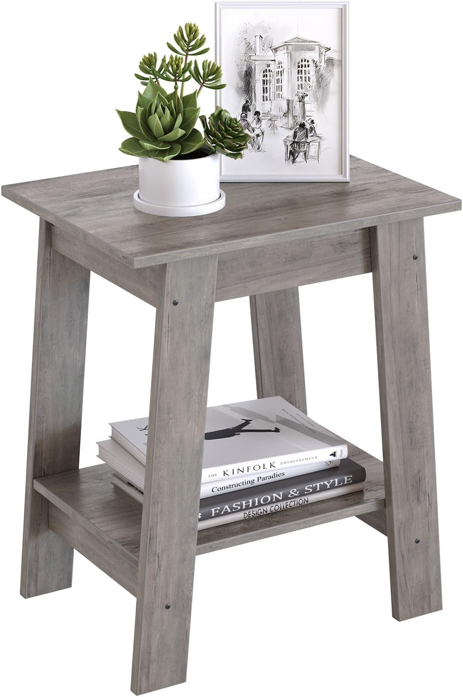 Farmhouse End Table with Storage Shelf - Rustic 2-Tier Side Table, Narrow Nightstand & Small Coffee Table for Living Room, Bedroom, Apartment (Grey)
