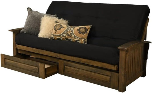 Washington Queen Size Futon Frame with Storage Drawers - Wood Futon Frame with Mattress Included in Suede Black Color
