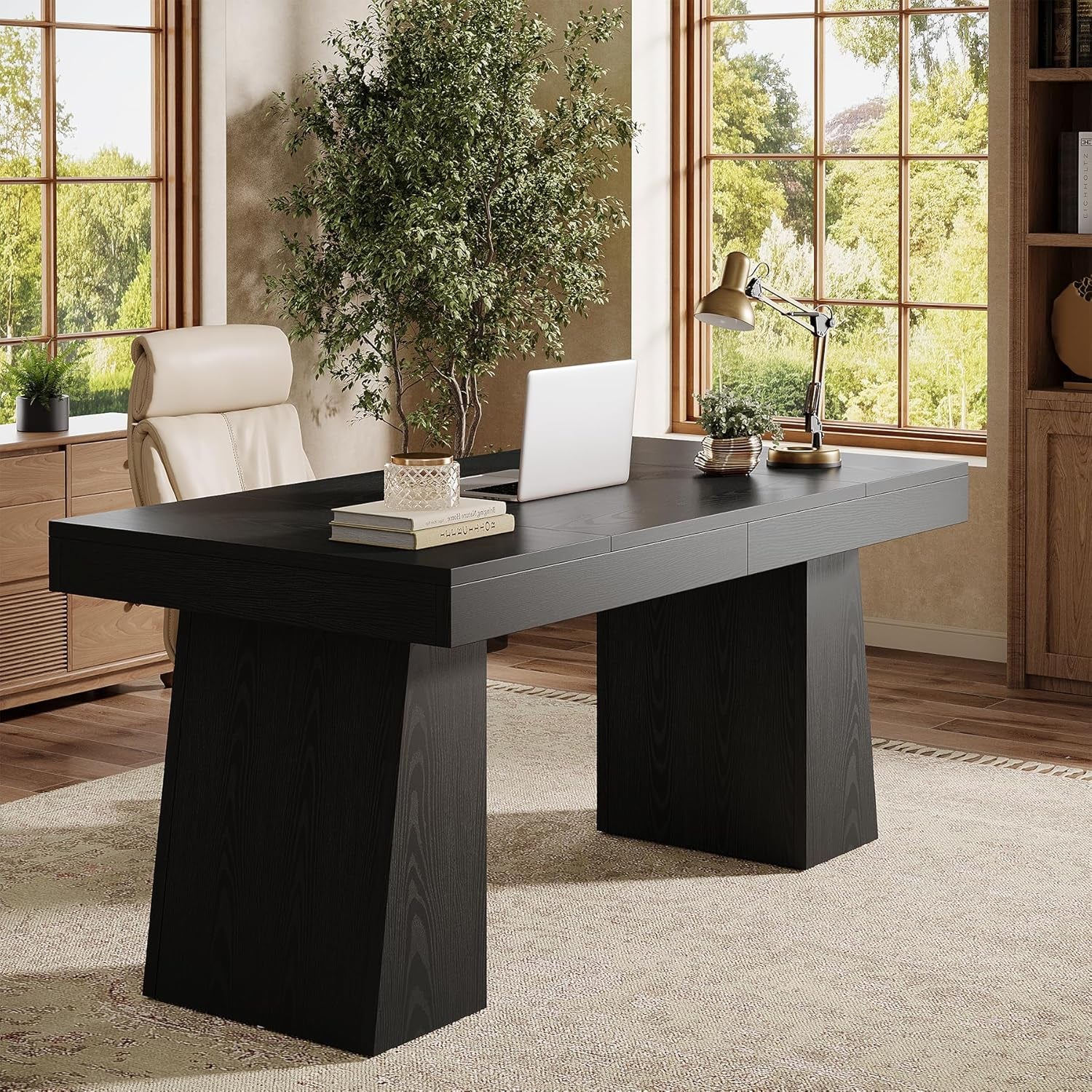 55" Executive Desk, Wooden Office Desk with Double Pedestal, Modern Simple Computer Writing Table for Home Office, Black