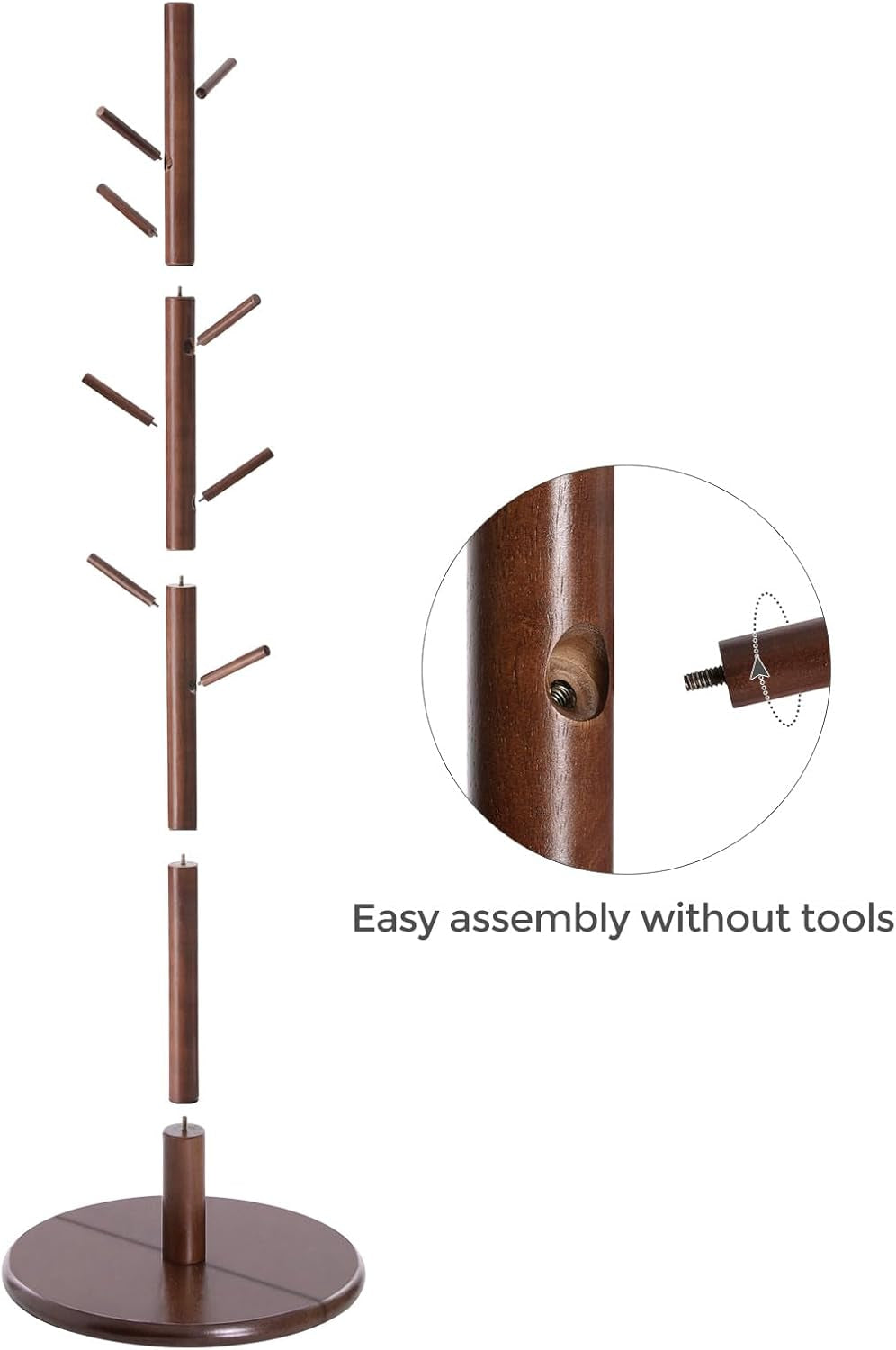 Solid Wood Coat Rack, Free Standing Hall Coat Tree with 7 Hooks, 3 Height Options, for Coats, Hats, Bags, Purses, for Entryway, Hallway, Rubberwood Hooks and Pole, Dark Walnut URCR07WN