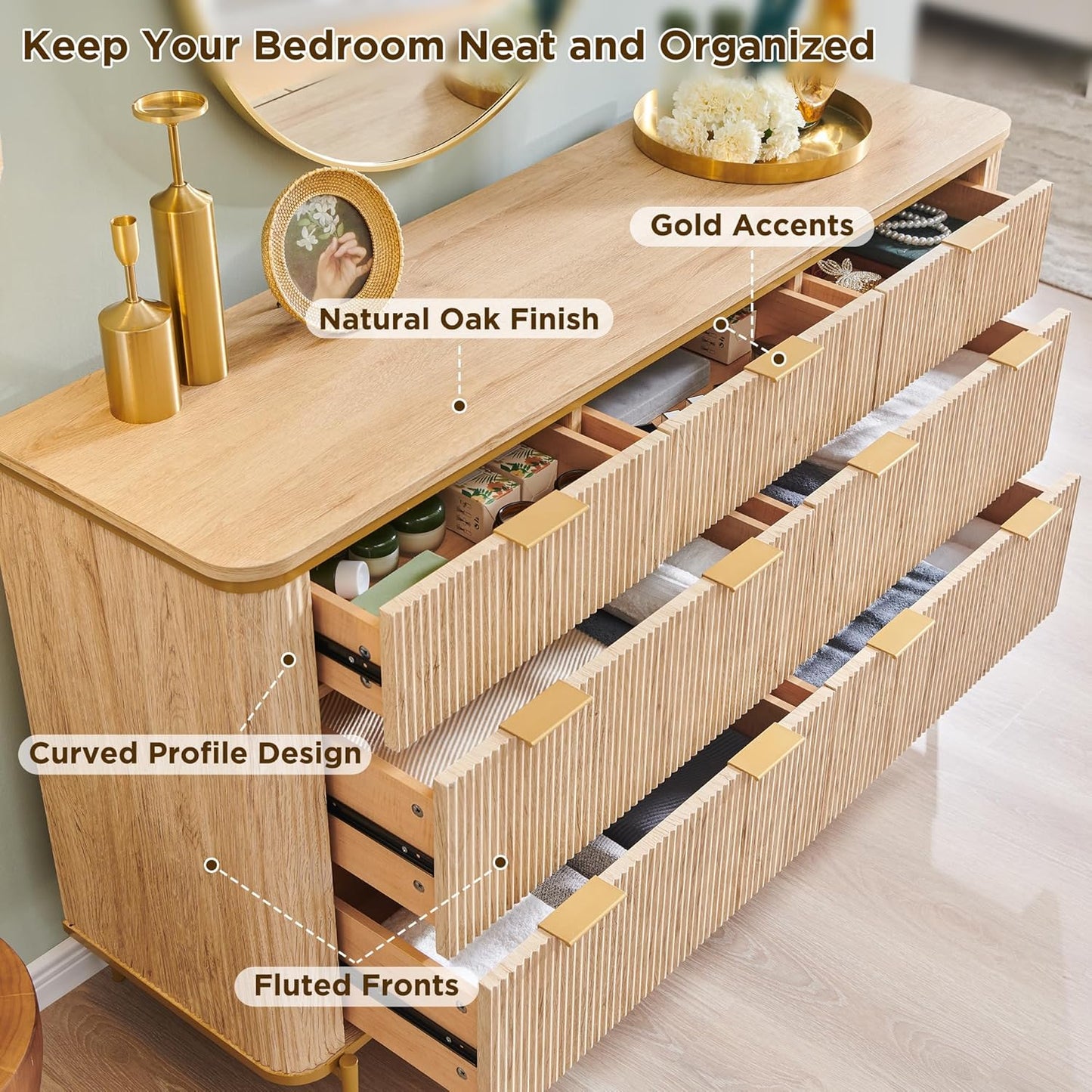 Fluted 7 Drawers Dresser for Bedroom, 54" Wide Modern Dresser TV Stand, Gold Accents, Fluted Fronts, Wood Storage Dressers Organizer for Bedroom, Living Room, Natural Oak