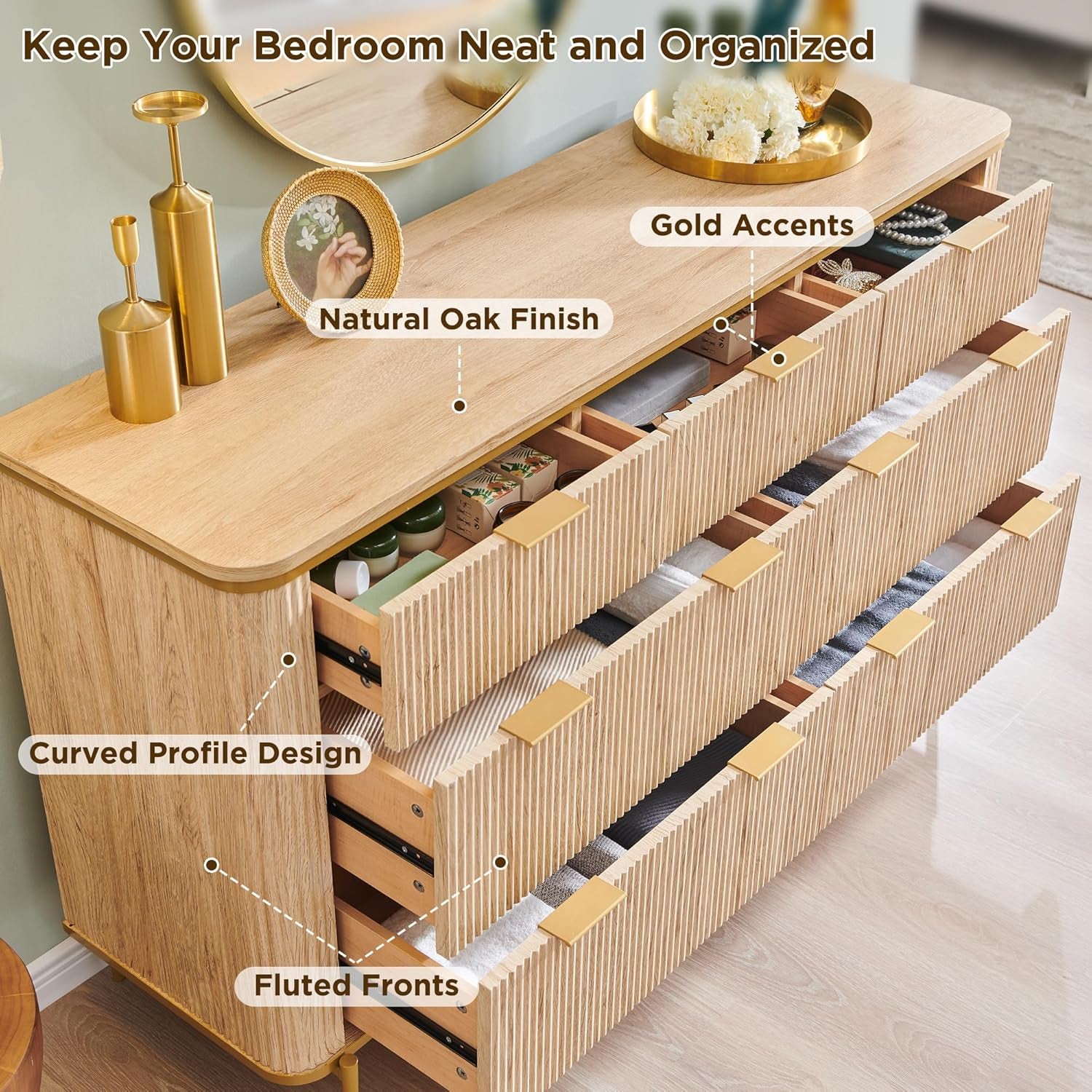 Fluted 7 Drawers Dresser for Bedroom, 54" Wide Modern Dresser TV Stand, Gold Accents, Fluted Fronts, Wood Storage Dressers Organizer for Bedroom, Living Room, Natural Oak