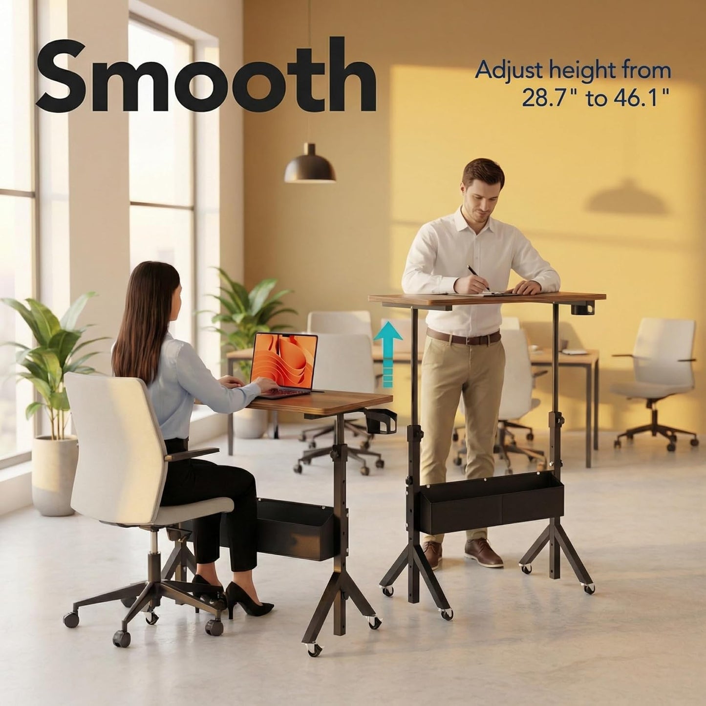Rolling Standing Desk with Storage Bag,Adjustable Height Mobile Standing Desk for Walking Pad & Home Office,Portable Laptop Desk with Wheels 2'',31.5"X16",Height:28.35–46.46''Walnut