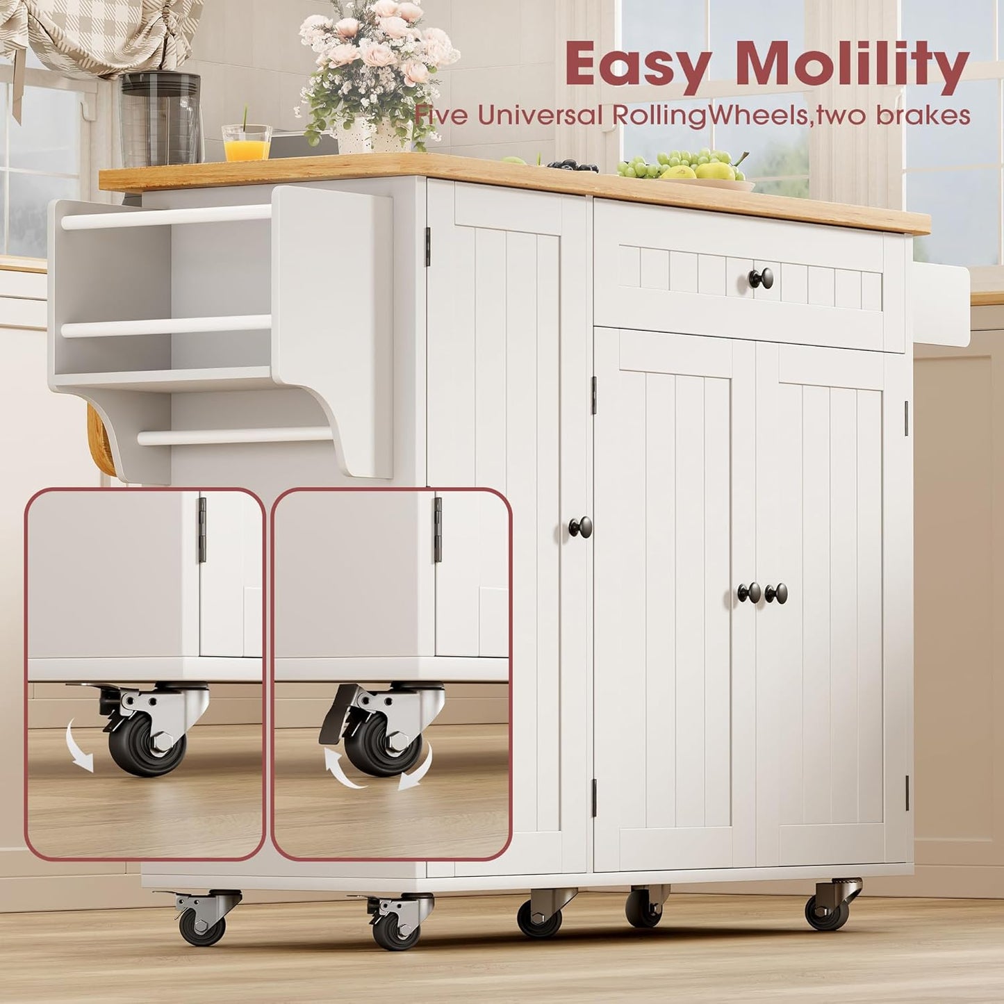 Kitchen Island with Storage, 41.7" Rolling Cart with Drop Leaf, Portable Island Table on Wheels, Spice Rack, Towel Rack and Drawer, White, 41.7" L X 29.5" W