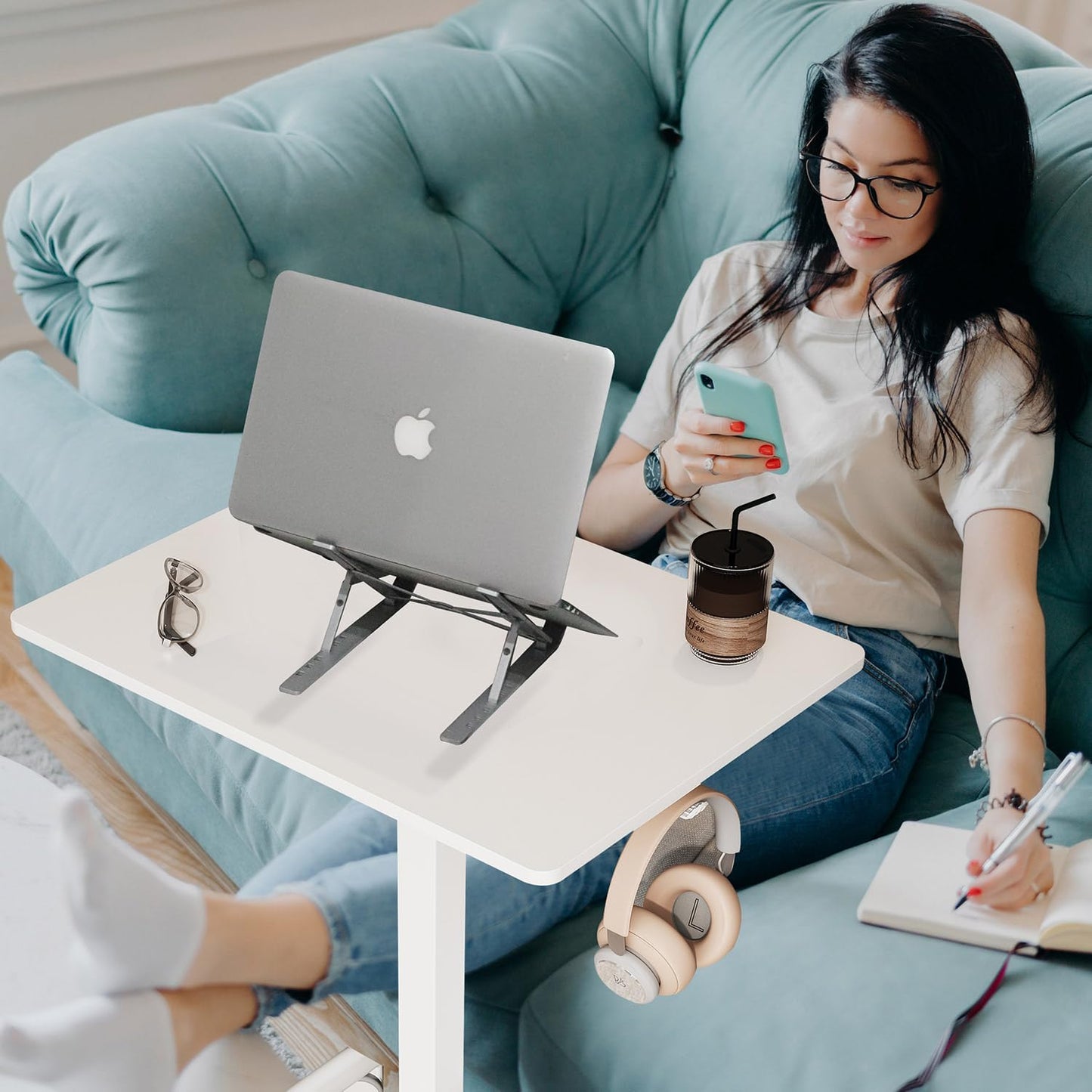Mobile Small Standing Desk, Gas Spring Adjustable Height Rolling Portable Laptop Desk with Lockable Wheels, Computer Workstation, Rolling Podium (White, 17.8 * 25.5)