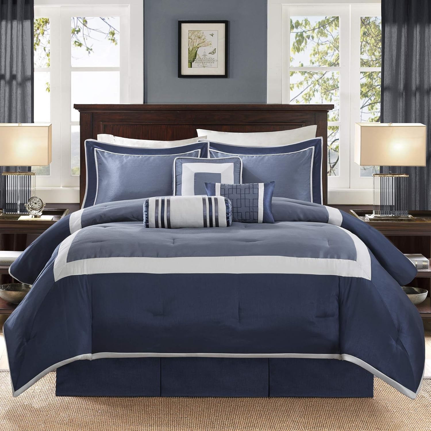 Cozy Comforter Set-Deluxe Hotel Collection, All Season down Alternative Luxury Bedding with Matching Shams, Decorative Pillows, King(104"X92"), Genevieve, Navy 7 Piece