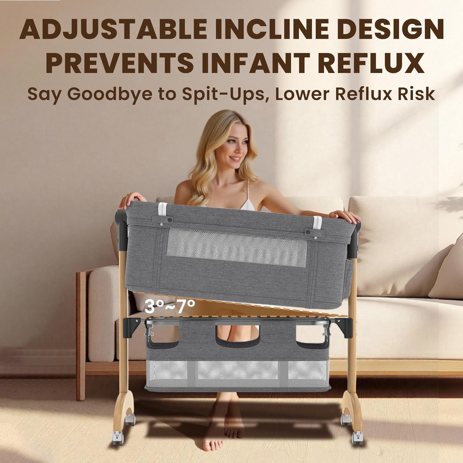 Baby Bassinet, Bedside Bassinet for Baby, 3 in 1 Adjustable Height Bedside Sleeper with Wheels, Breathable Mesh, Easy Folding Portable Crib, Rocking Mode & Storage Basket for Newborn Infants