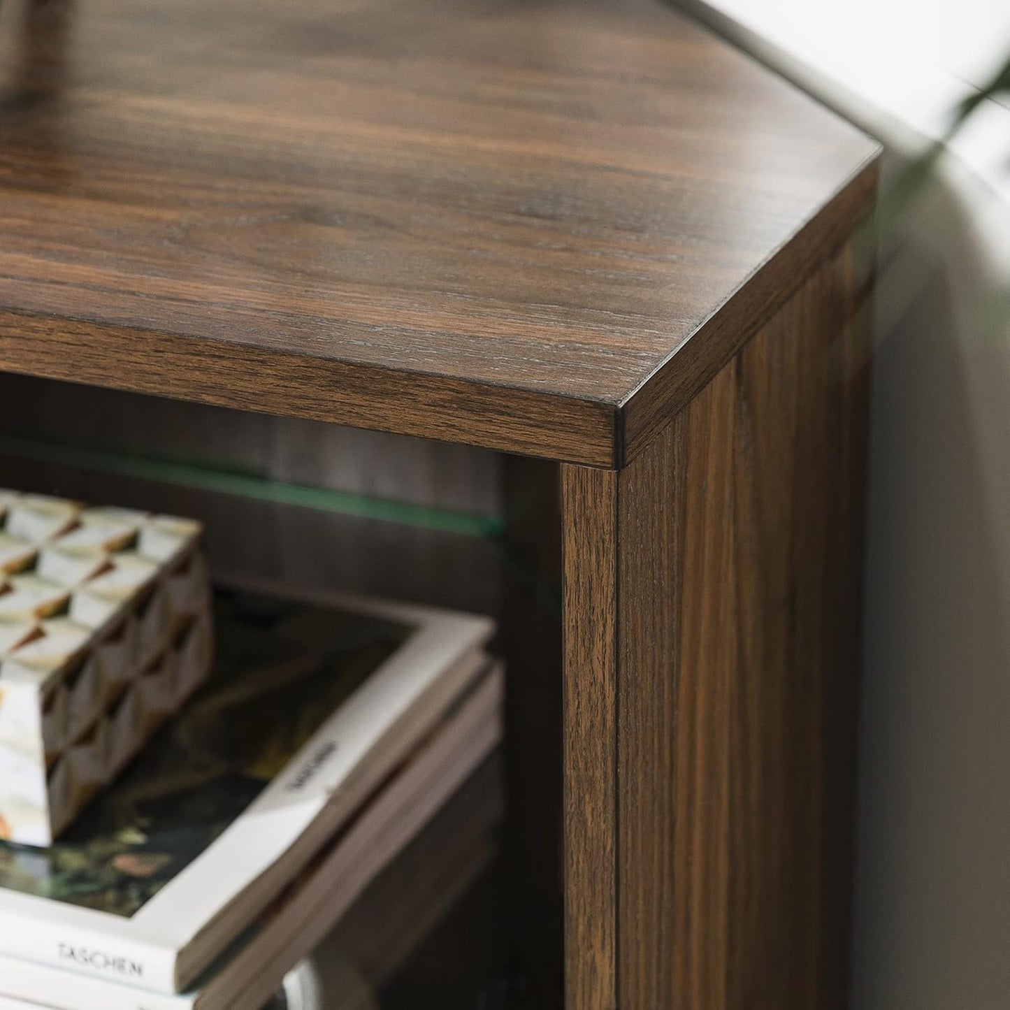 2 Door Glass Shelf Corner Stand Console, Fits Tvs up to 55", 48, Dark Walnut