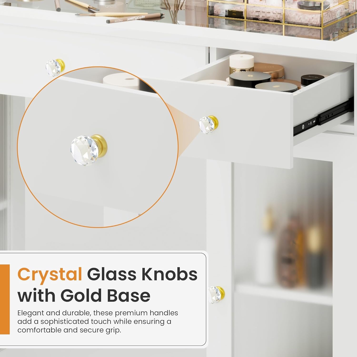 Makeup Vanity with Crystal Knobs, Glass Top Vanity Desk with Mirror and Lights, Power Outlet, Drawers and Cabinet, 3 Lighting Color Adjustable Dressing Table, Upgraded Silent Slides, White