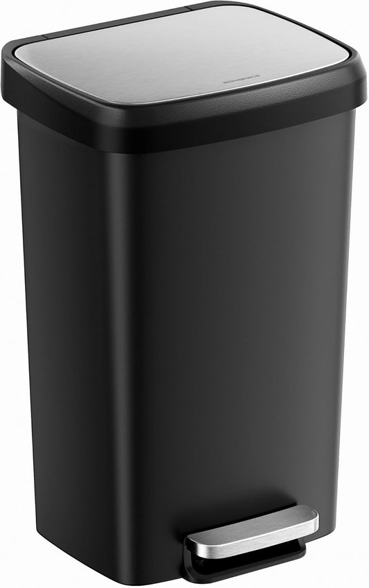 Plastic Kitchen Trash Can, 12-Gallon (45 L) Garbage Can with Stainless Steel Lid, Soft Close, Pedal Waste Bin with Wheels and Rear Handle, Ink Black ULTB533B01