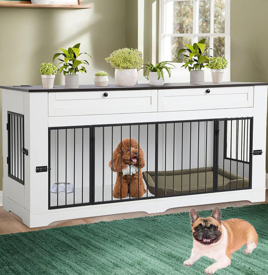 Dog Crate Furniture TV Stand with Charging Station-47.24" Heavy Duty Dog Kennel Furniture Tv Table with 2 Drawers Storage,Indoor TV Stand for Small Medium Dogs,For Bedroom Living Room (White, 1.8M)