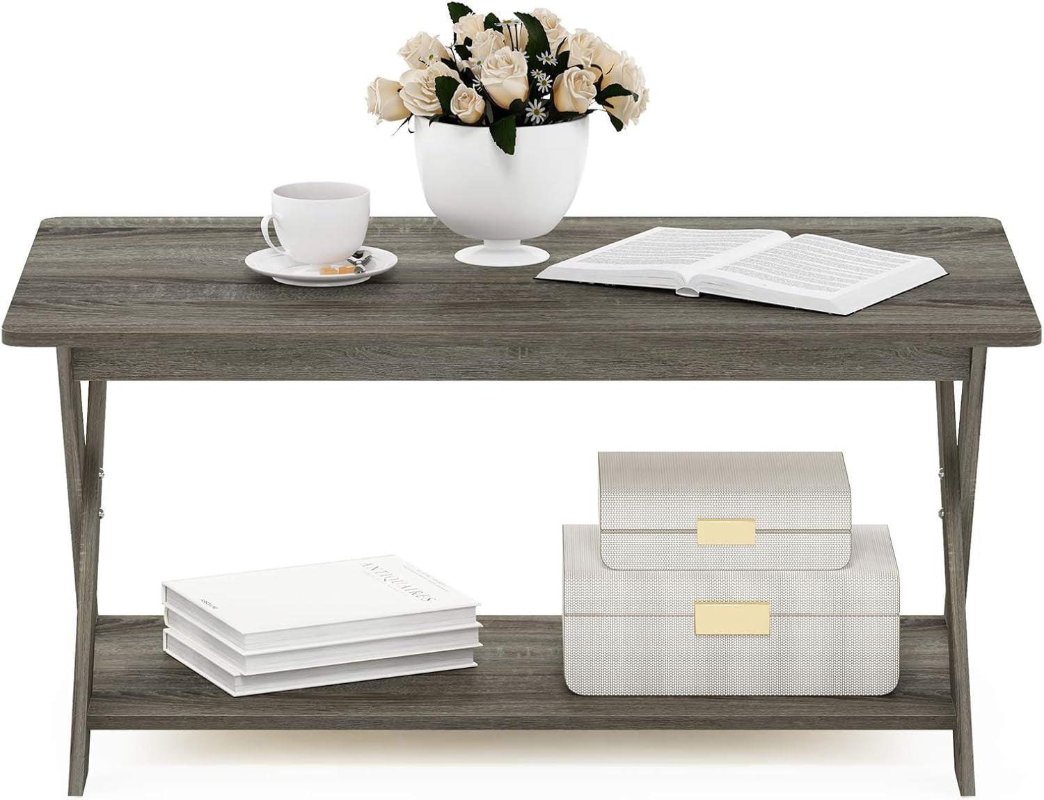 Modern Simplistic Criss-Crossed Coffee Table, 35.4 in X 19.6 in X 16 In, French Oak Grey