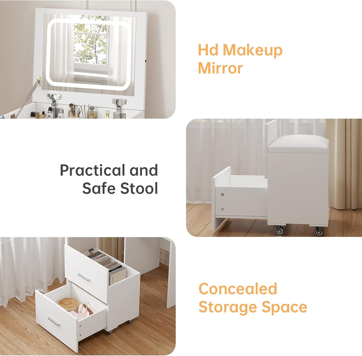 3 in 1 Vanity Desk, Compact Vanity with 3 Drawers, Makeup Desk with Flip-Up 3 Colors Lighting Mirror and Cushioned Stool, Small Vanities Nightstand Perfect for Bedroom, White