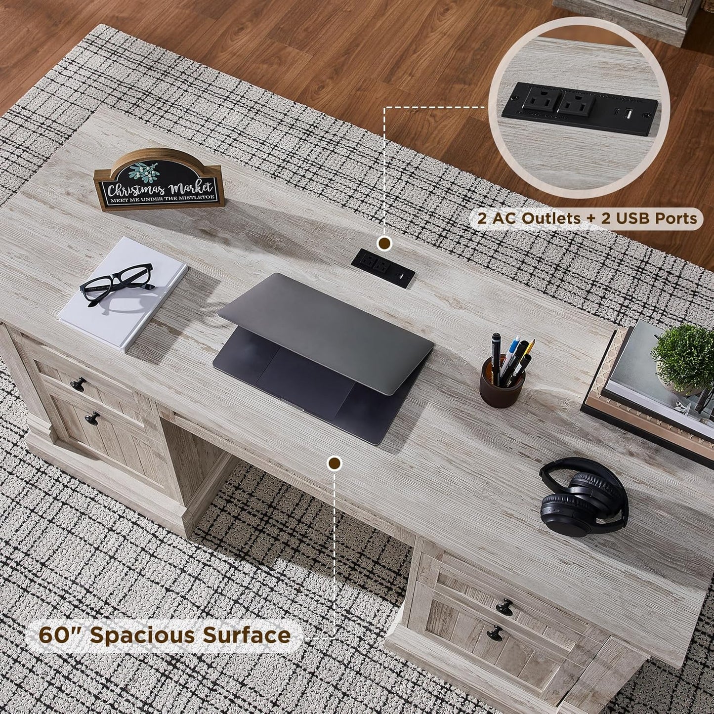 60" Executive Desk with Drawers, Farmhouse Home Office Desk with Charging Station, Keyboard Tray, File Cabinet Storage, Wood Computer Desk for Work and Study, Antique Brushed White